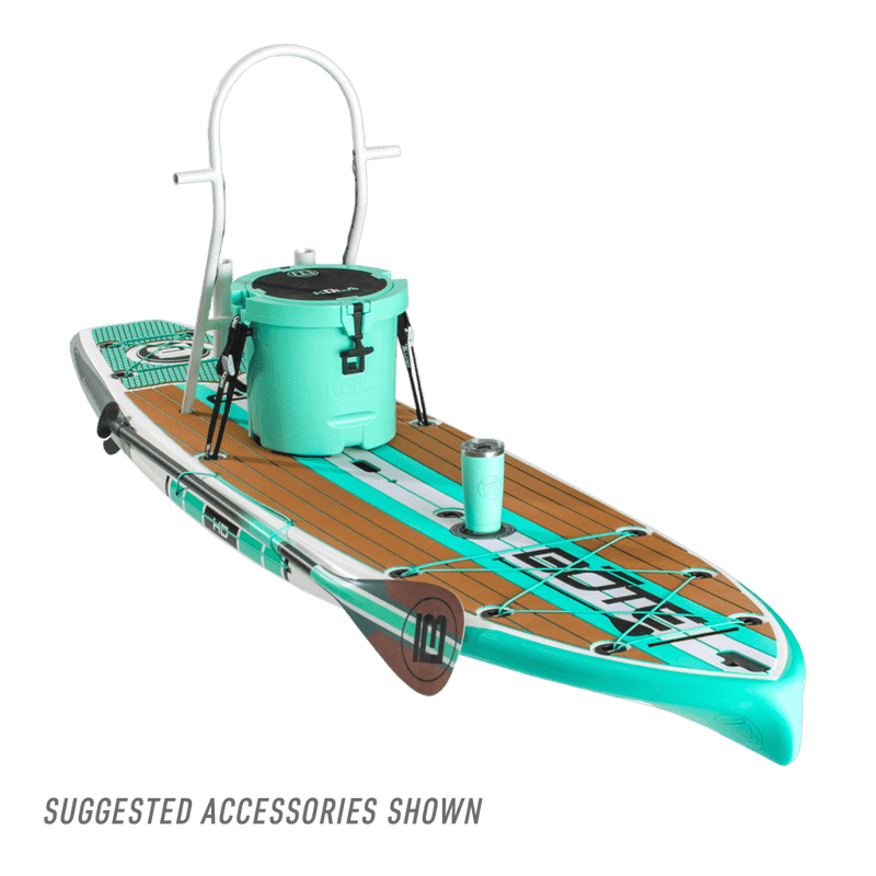 Front angled view of the HD 10′6″ Full Trax Seafoam Paddle Board with suggested accessories