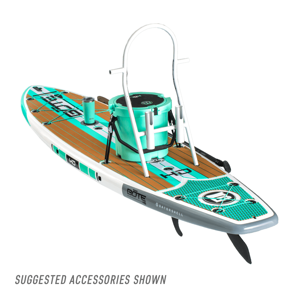 Rear view of the HD 10′6″ Full Trax Seafoam Paddle Board with suggested accessories