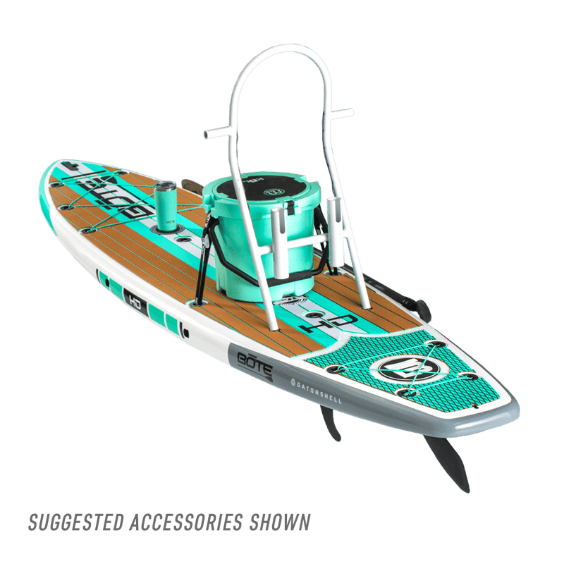 Rear view of the HD 10′6″ Full Trax Seafoam Paddle Board with suggested accessories
