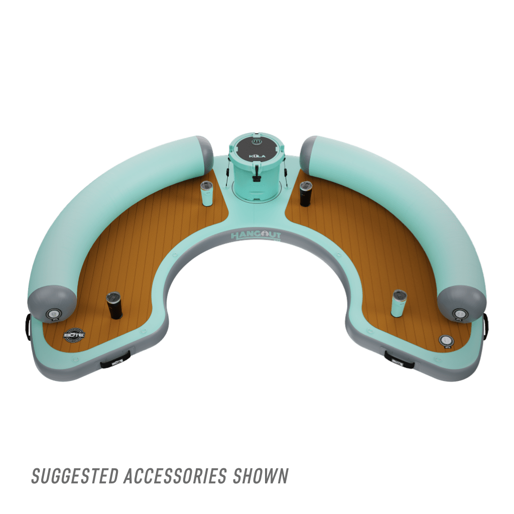 Top view of the Inflatable Dock Hangout 240 Classic with drinkware and cooler