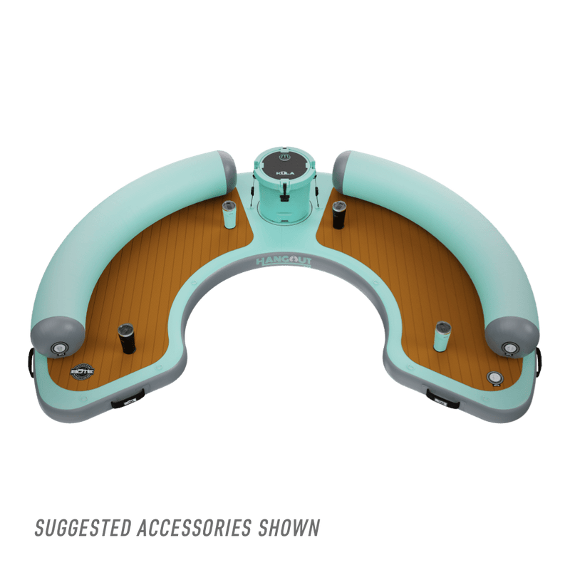 Top view of the Inflatable Dock Hangout 240 Classic with drinkware and cooler