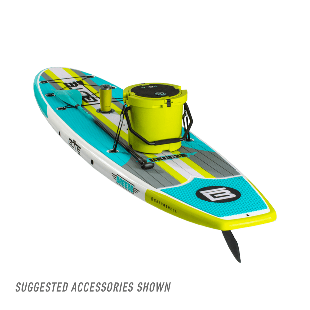 Rear view of the Breeze 11′6″ Full Trax Citron Paddle Board with accessories