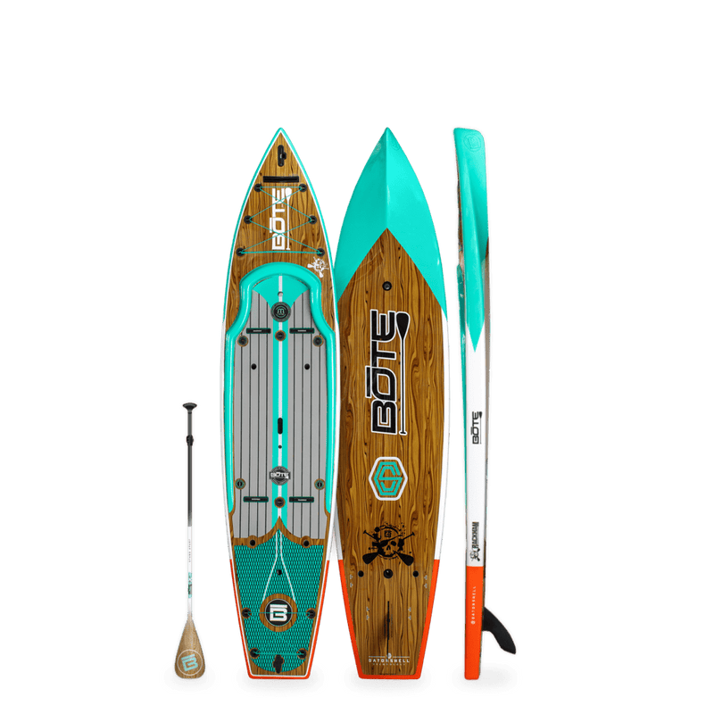 Top, side, and bottom view of the Rackham 12′ Classic Cypress Paddle Board