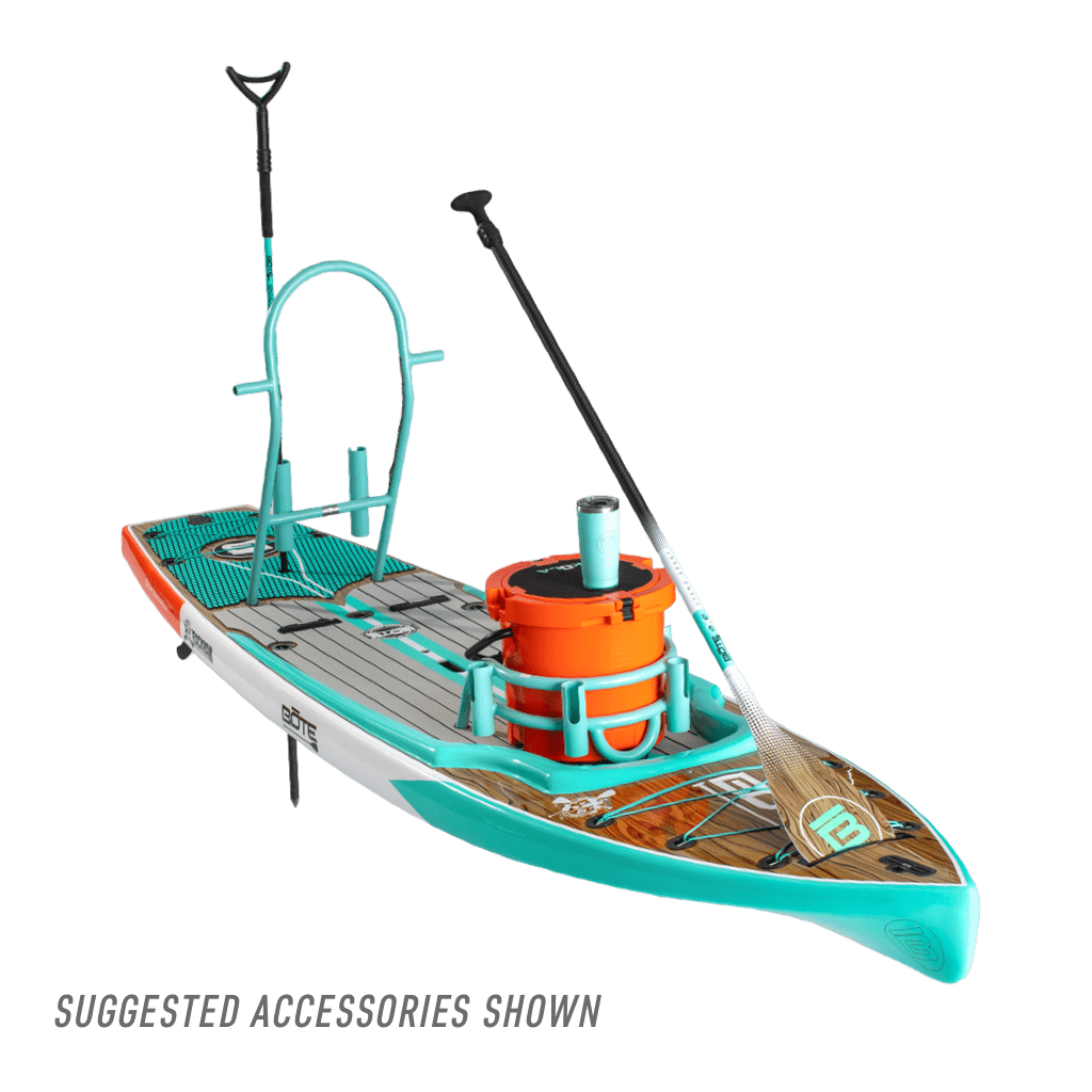 Front view of the view of the Rackham 12′ Classic Cypress Paddle Board with accessories