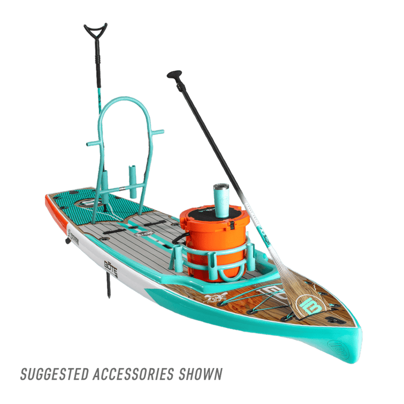 Front view of the view of the Rackham 12′ Classic Cypress Paddle Board with accessories