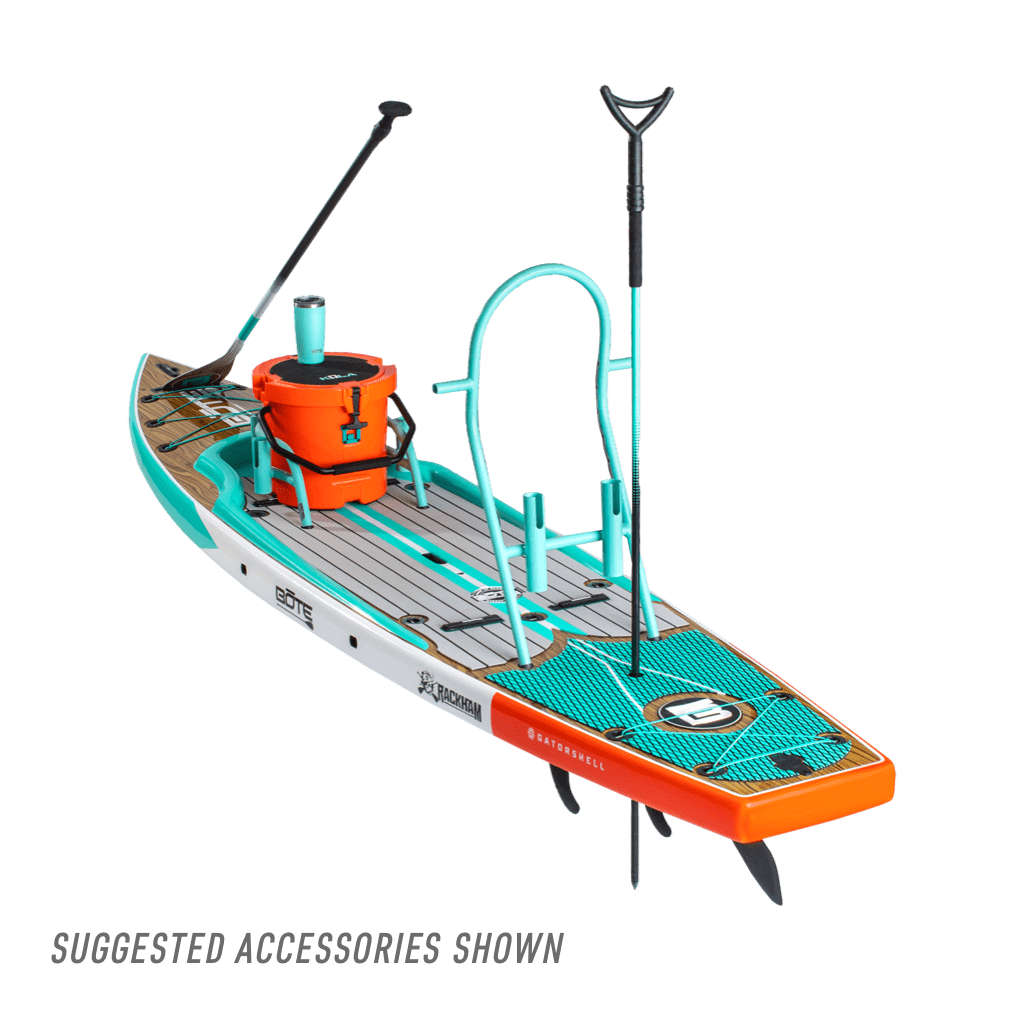 Rear view of the view of the Rackham 12′ Classic Cypress Paddle Board with accessories