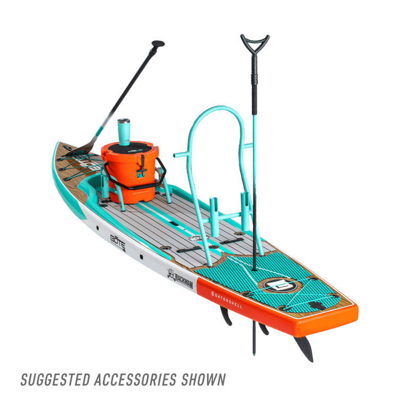 Rear view of the view of the Rackham 12′ Classic Cypress Paddle Board with accessories