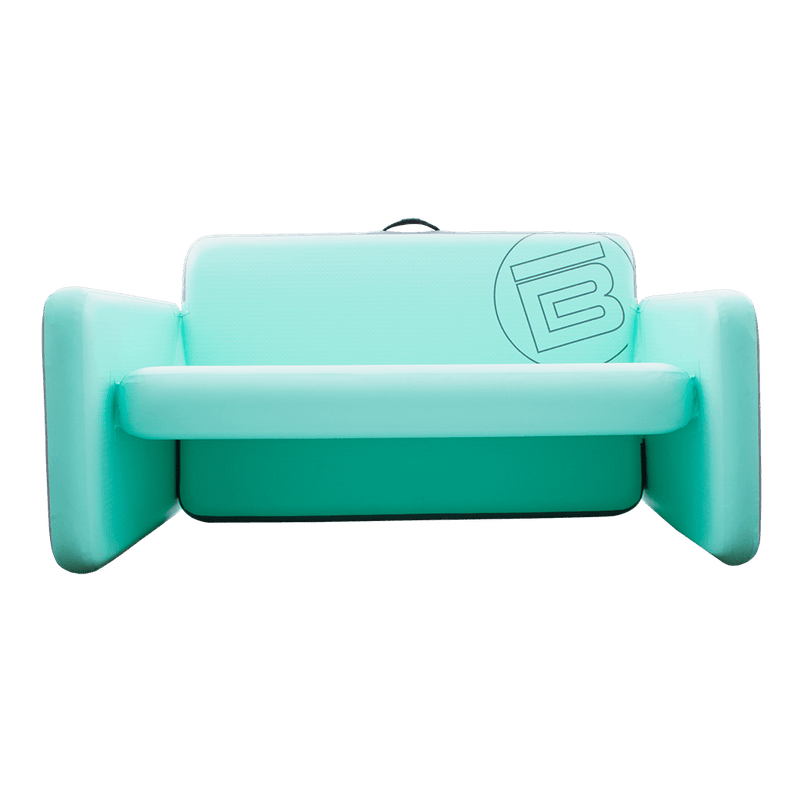 Front view of the Aero Couch in seafoam with circle B logo on the back