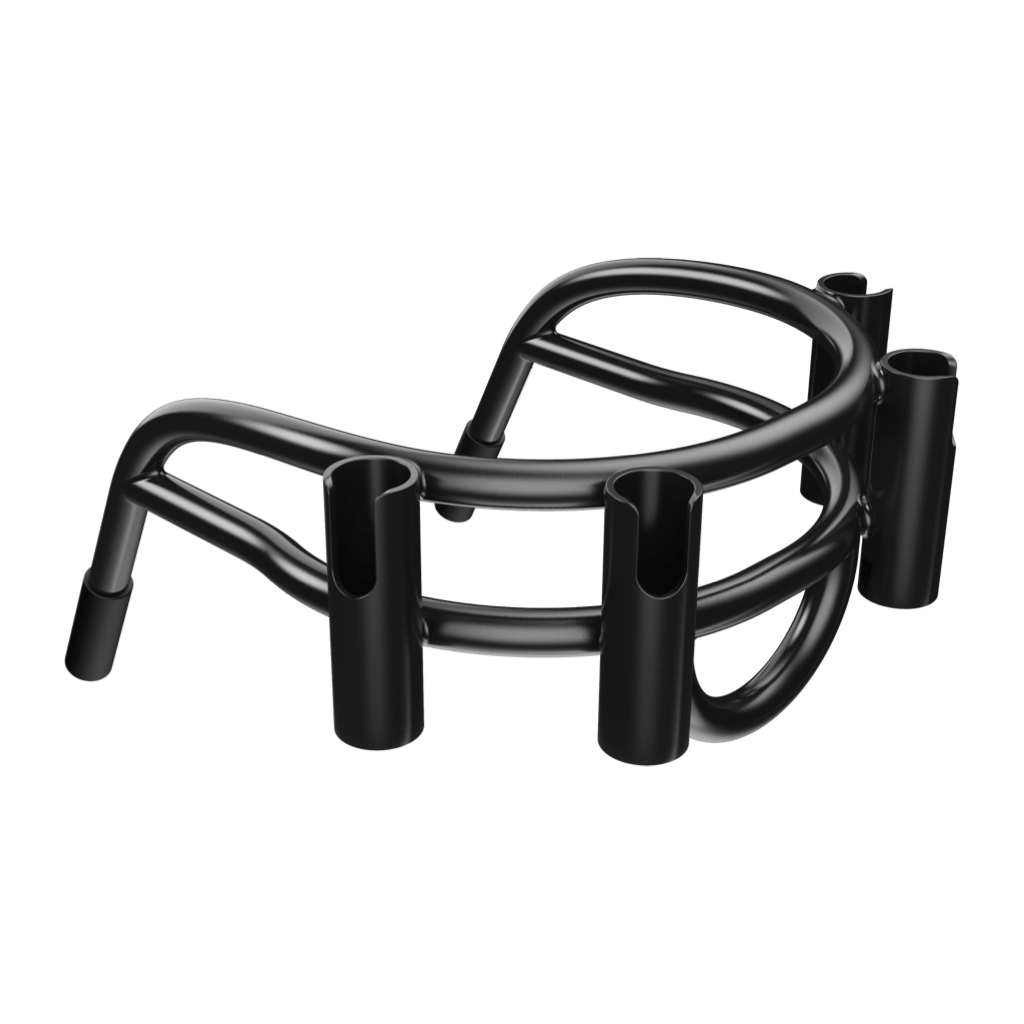 Angled view of Bucket Rac Black with four rod holders and matte finish.