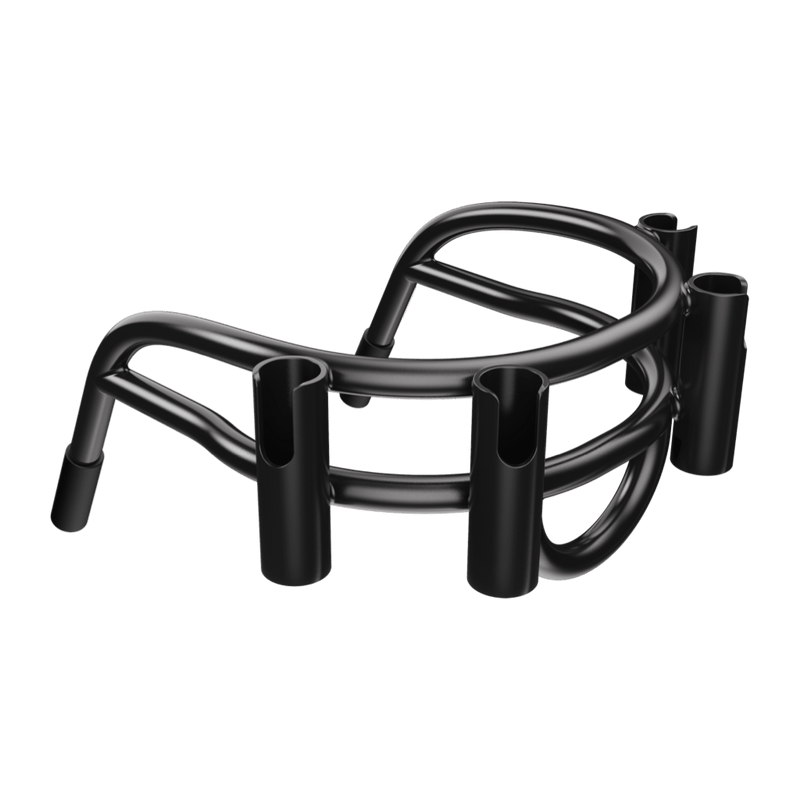 Angled view of Bucket Rac Black with four rod holders and matte finish.