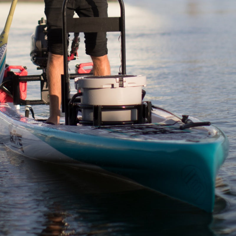 Lifestyle view of Bucket Rac Black on board with white cooler.
