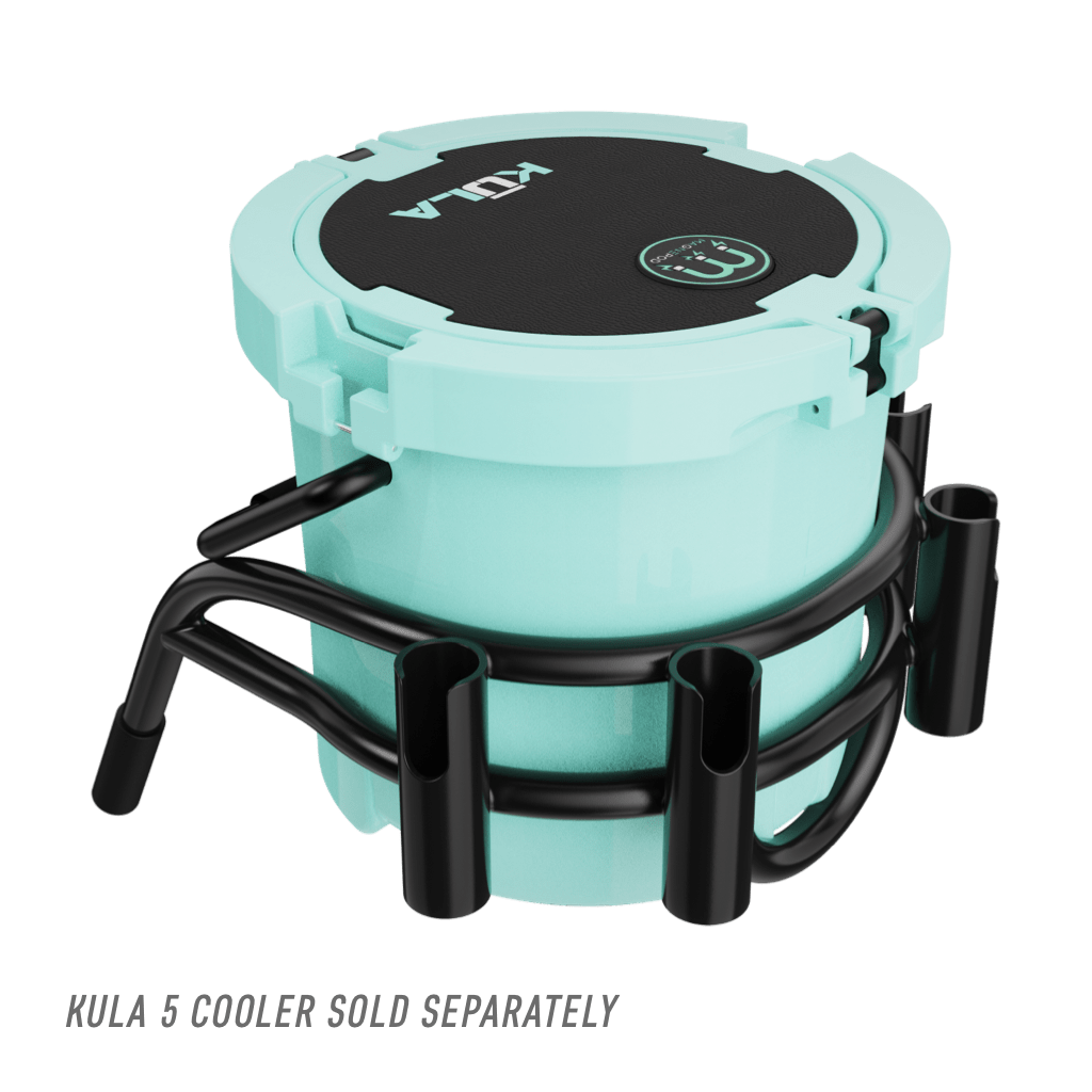 Bucket Rac Black mounted to seafoam KULA cooler, angled view.