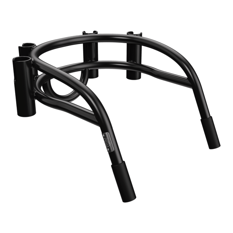 Side view of Bucket Rac Black showing rounded rails and black coating.