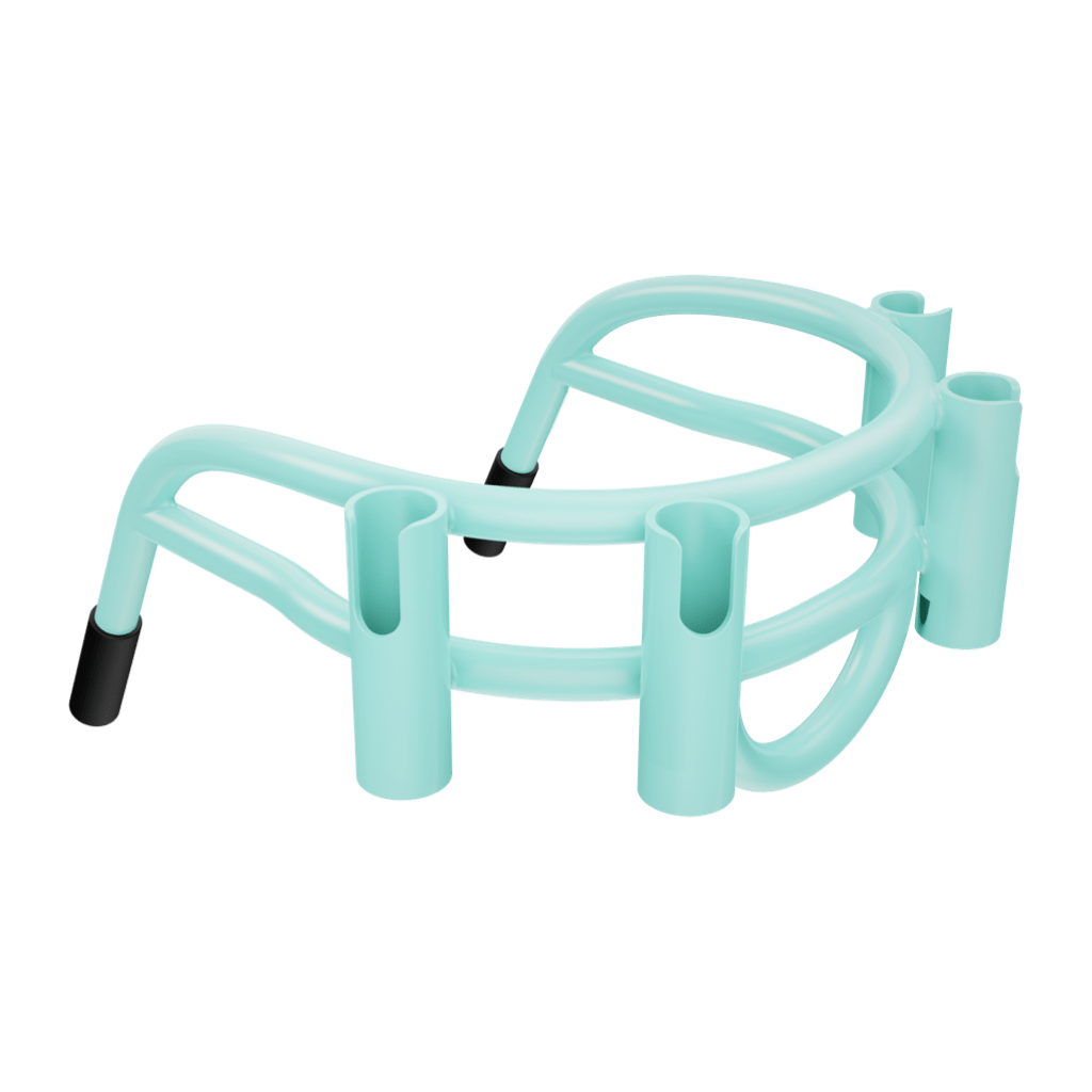 Angled top view of Bucket Rac Seafoam with four rod holders and curved support bar.