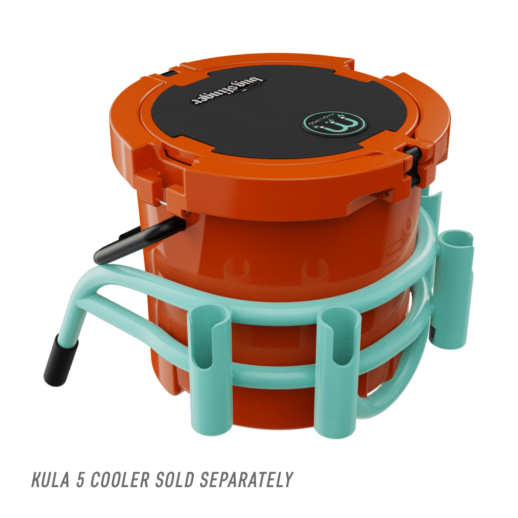 Bucket Rac Seafoam shown on orange KULA cooler with black handle raised.