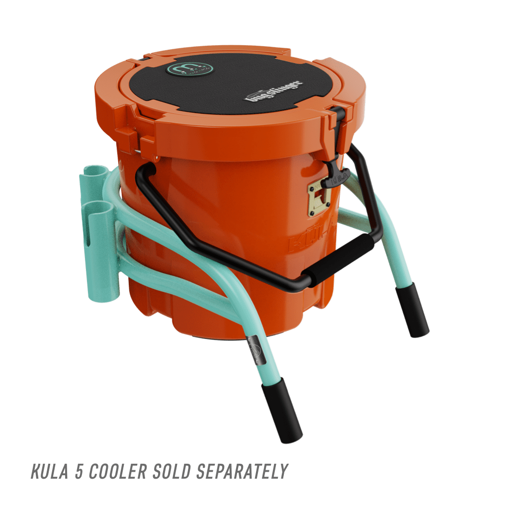 Side view of Bucket Rac Seafoam attached to cooler with text noting cooler sold separately.