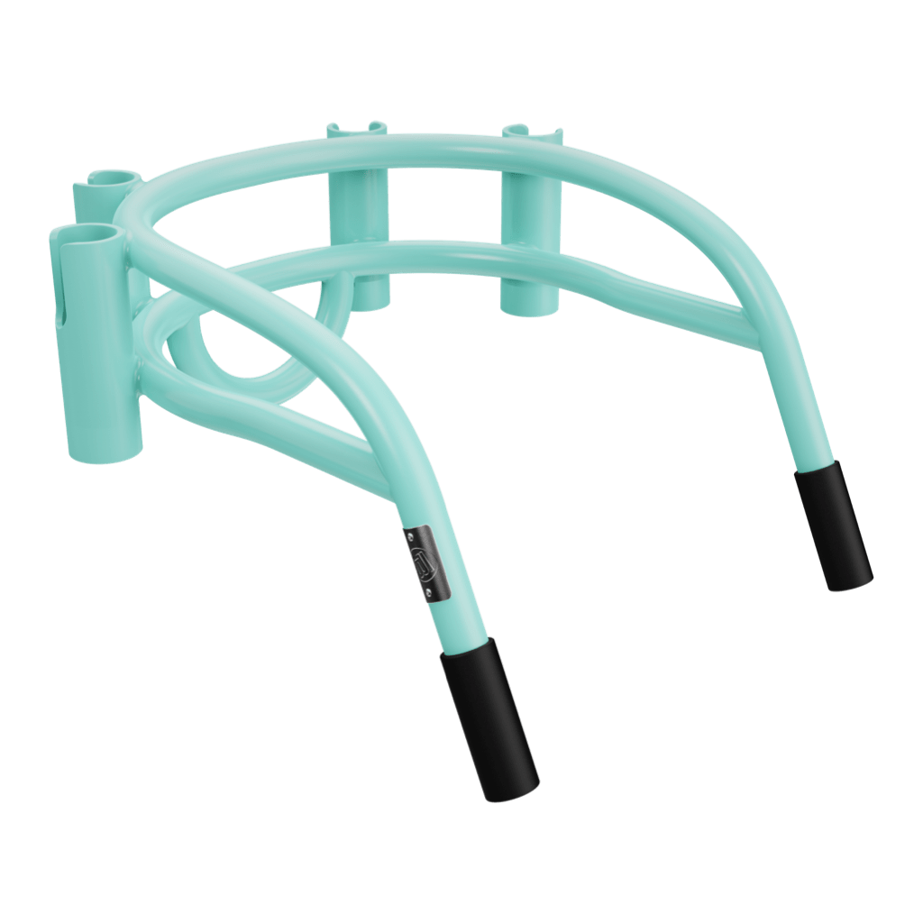 Angled front view of Bucket Rac Seafoam showing rods slots and BOTE badge.