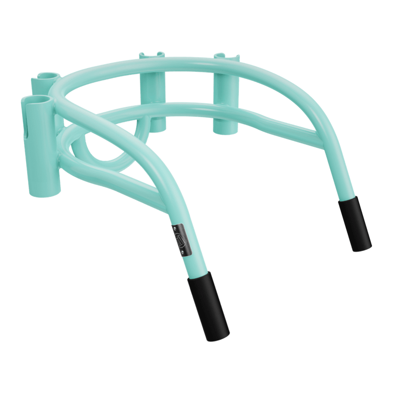 Angled front view of Bucket Rac Seafoam showing rods slots and BOTE badge.