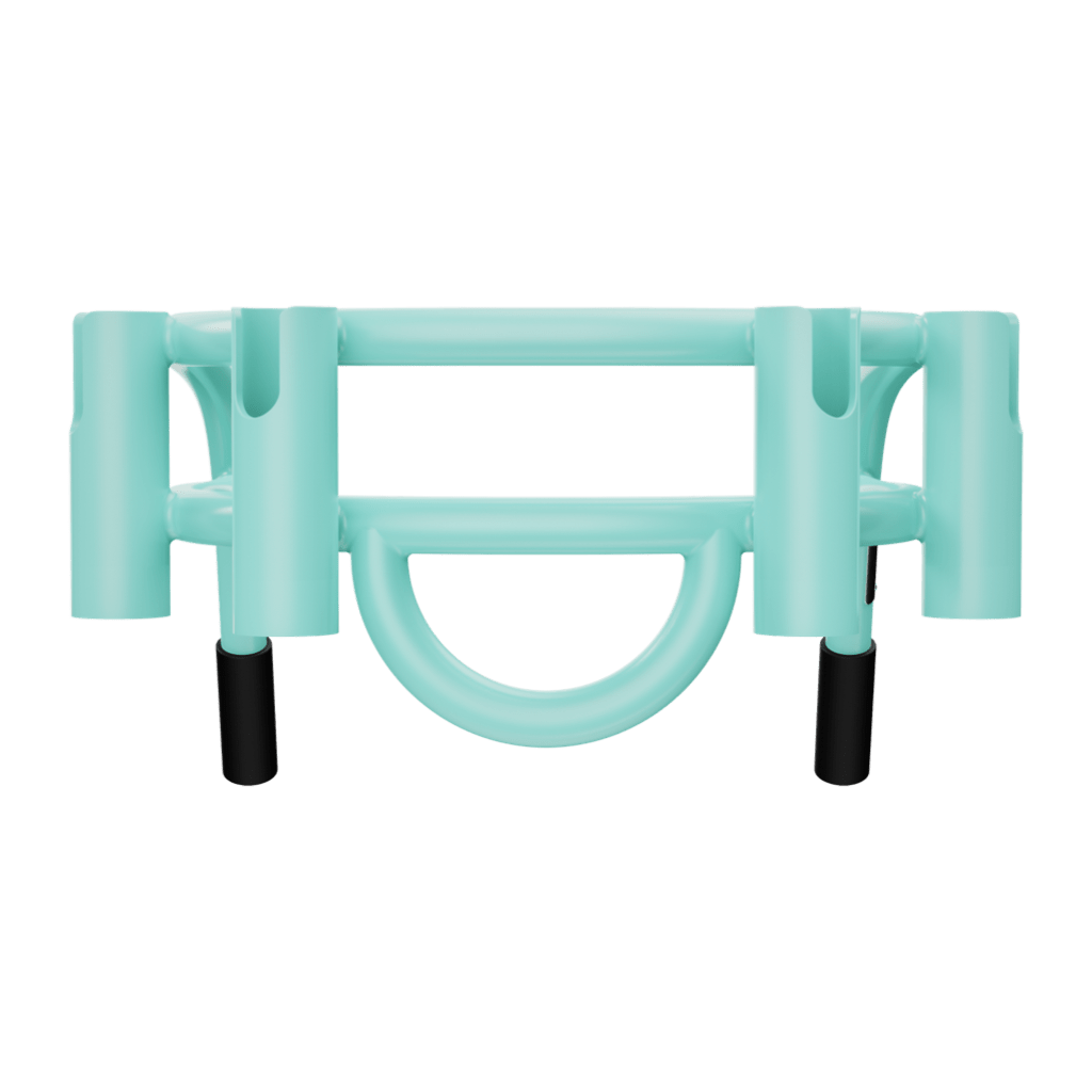 Front view of Bucket Rac Seafoam with curved base and rubber-capped feet.