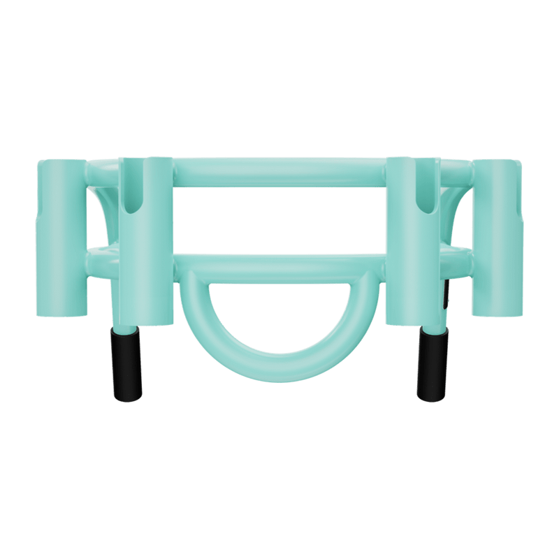 Front view of Bucket Rac Seafoam with curved base and rubber-capped feet.