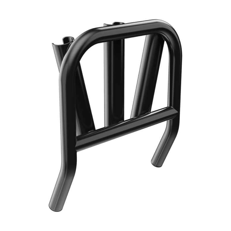 Rear angled view of Mini Rocket Rac Black showing tubular frame.