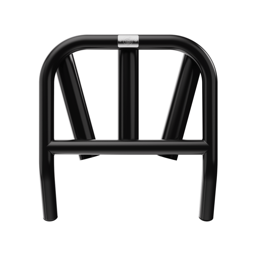 Back view of Mini Rocket Rac Black displaying curved support bar.