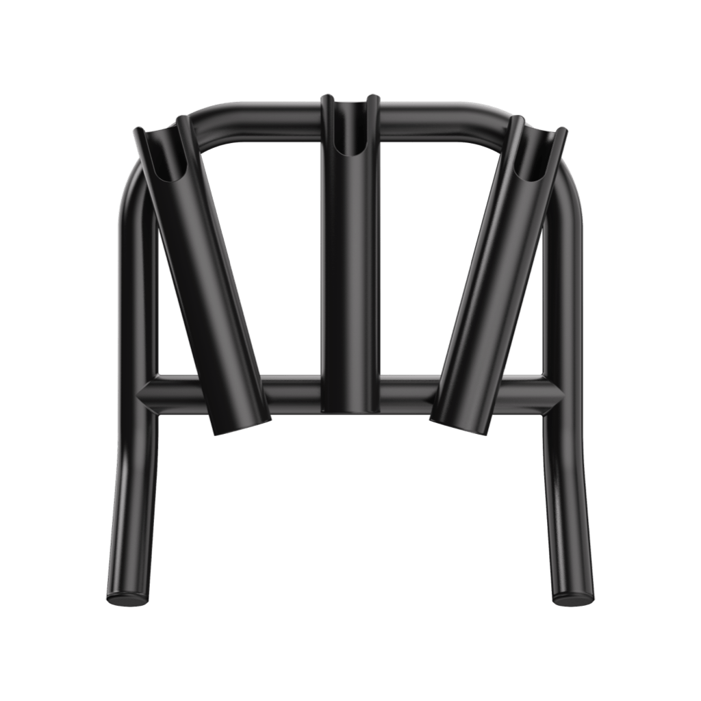 Front view of Mini Rocket Rac Black with three angled rod holders.