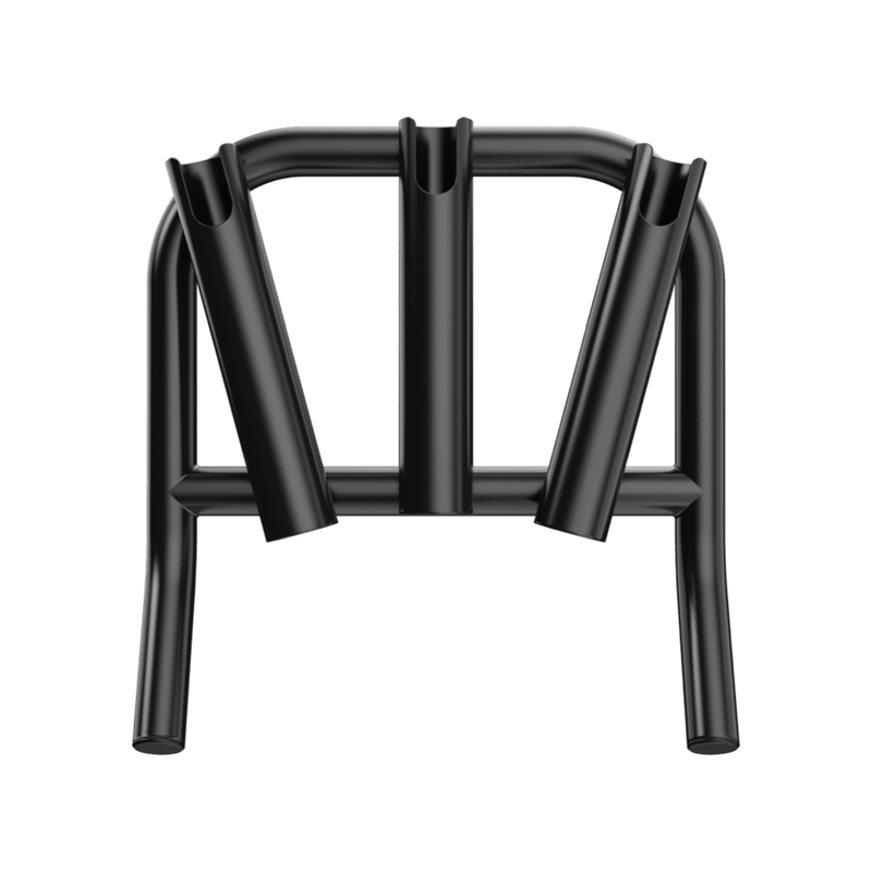Front view of Mini Rocket Rac Black with three angled rod holders.
