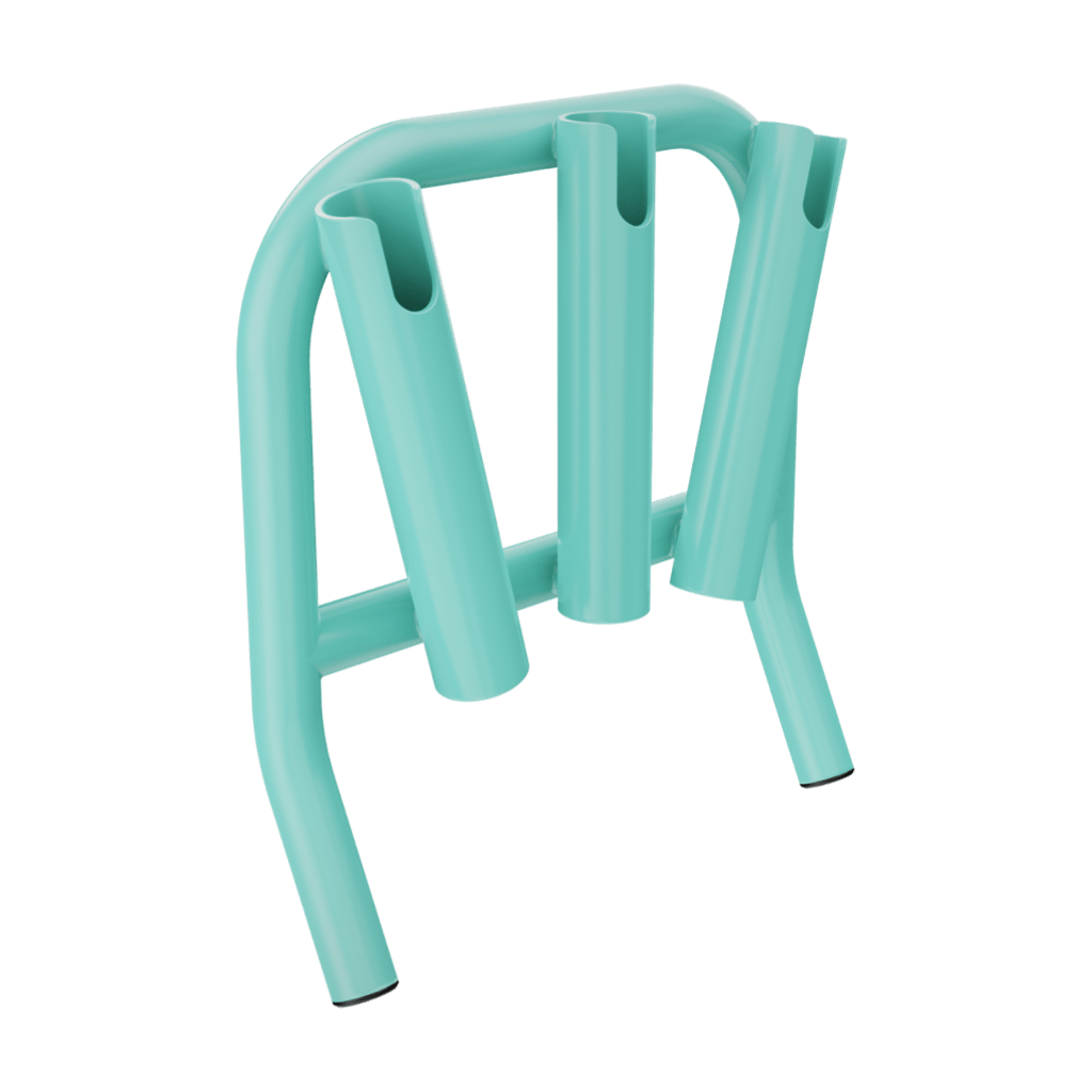 Angled view of Mini Rocket Rac Seafoam with three rod holders and curved frame.