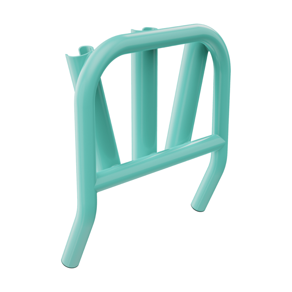 Rear angled view of Mini Rocket Rac Seafoam showing curved support frame and tubes.