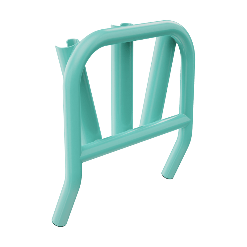 Rear angled view of Mini Rocket Rac Seafoam showing curved support frame and tubes.