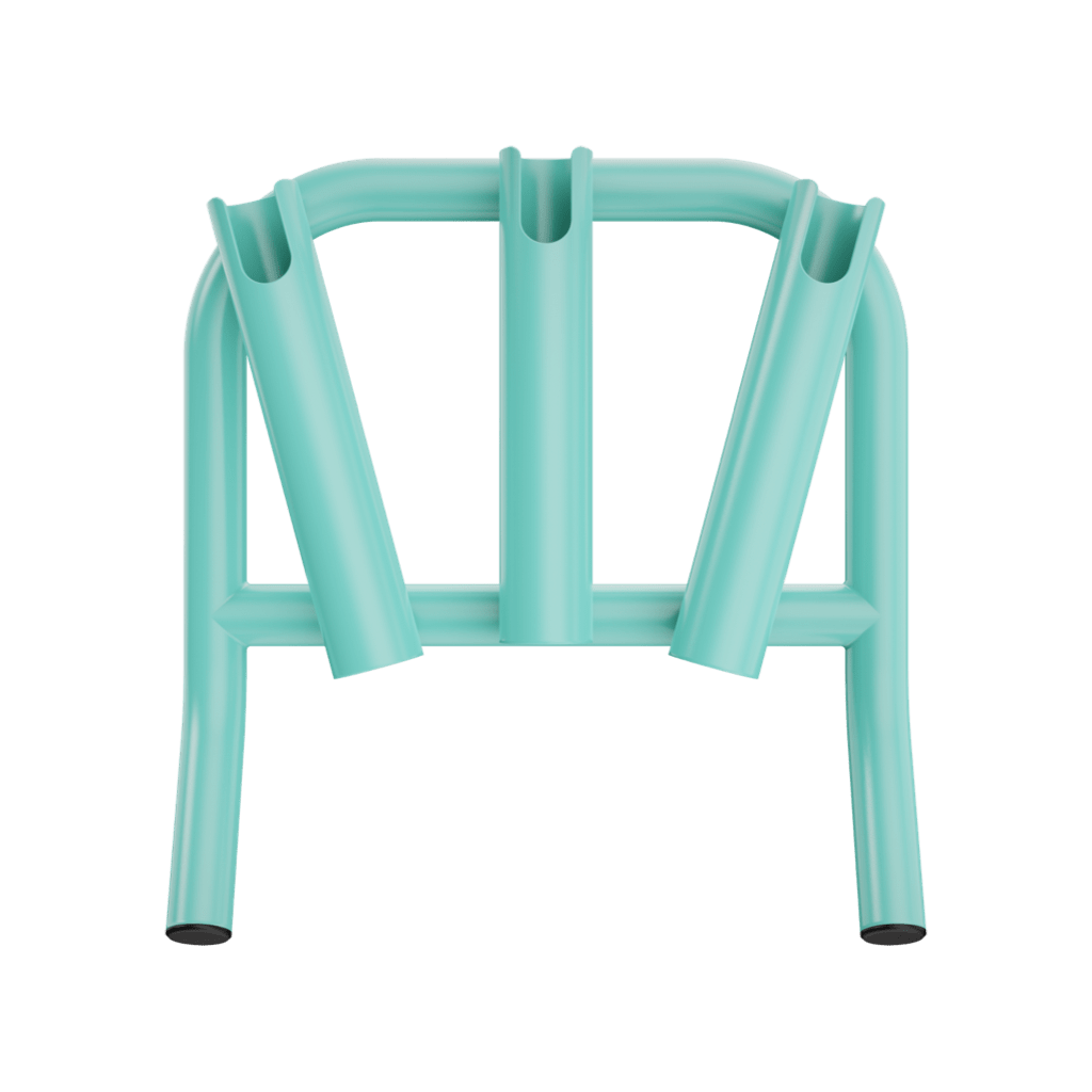 Front view of Mini Rocket Rac Seafoam showing three vertical rod holders and angled legs.