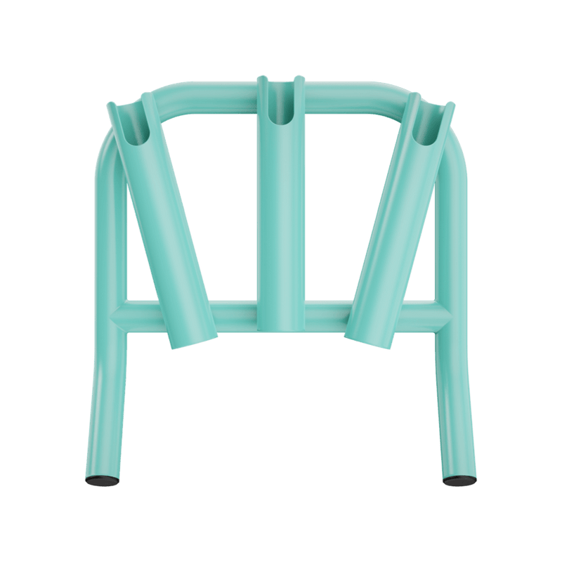 Front view of Mini Rocket Rac Seafoam showing three vertical rod holders and angled legs.