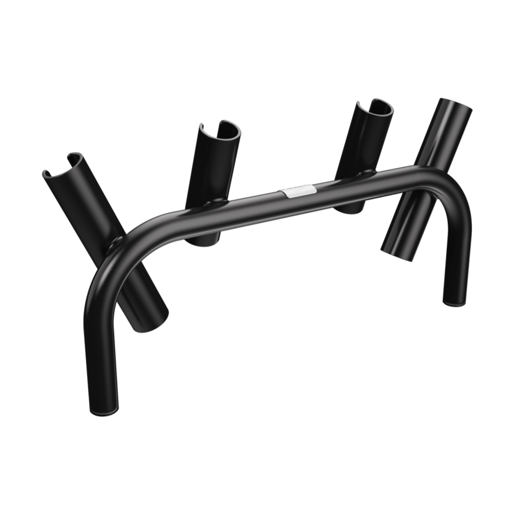 Top angled view of Rocket Rac Black showing curved support and four rod holders.