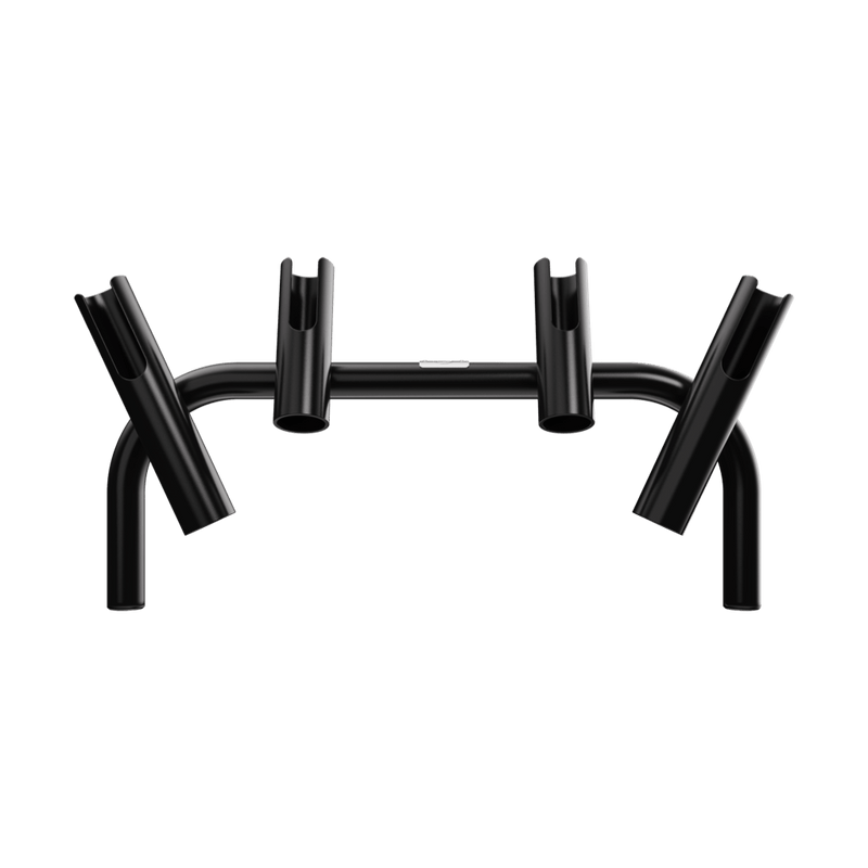 Front view of Rocket Rac Black with evenly spaced angled rod holders.