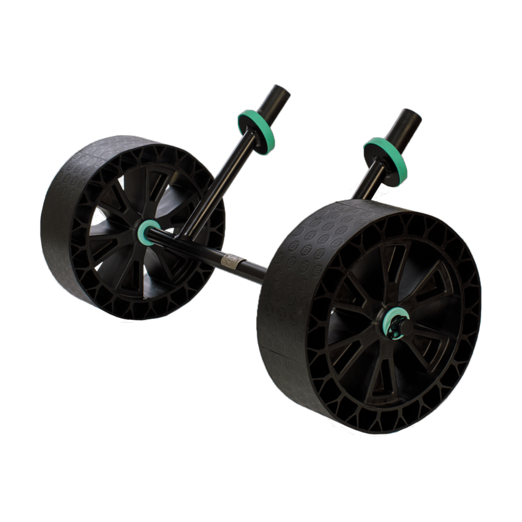 Angled view of Wheel Rac showing two wide black wheels and metal axle with mounting posts.