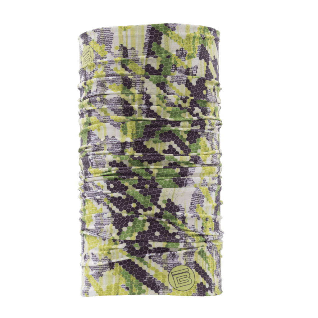 Verge Camo Face Mask displayed over cylinder