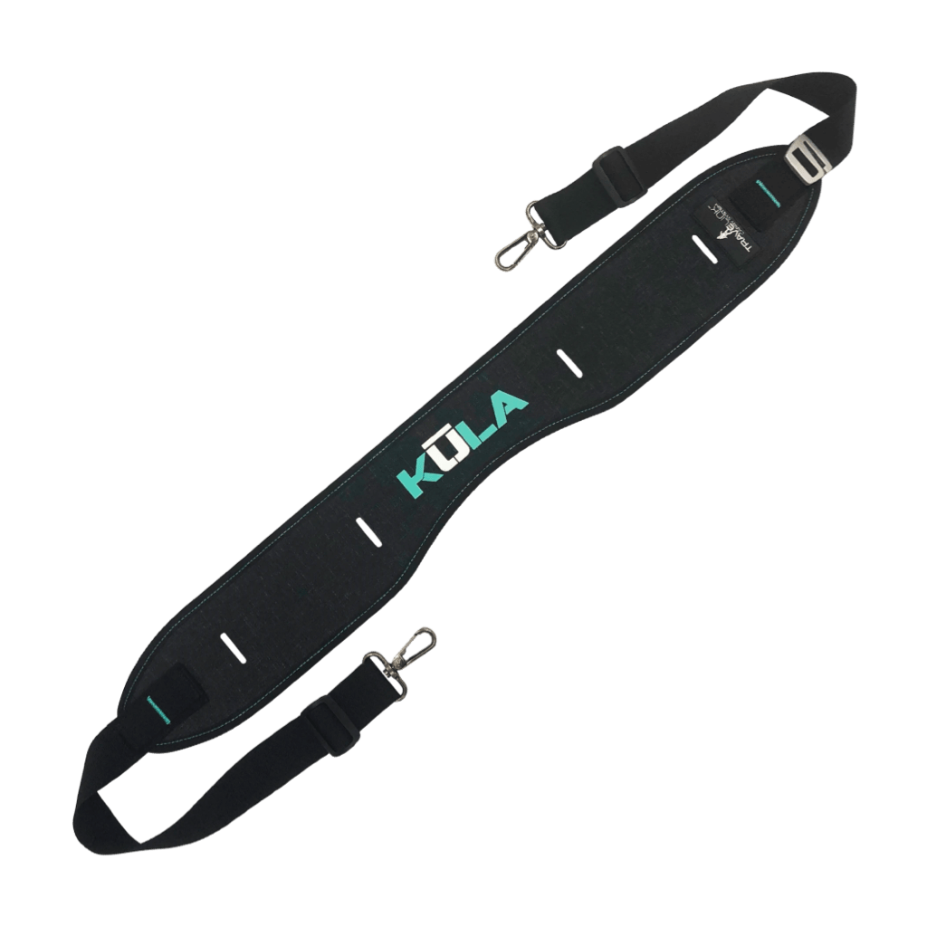 KULA Travelink Carry Sling with KULA Logo in white and seafoam on the middle of the strap
