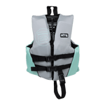 Front view of the BOTE Child Foam PFD Vest in gray and teal with buckle straps and crotch strap.