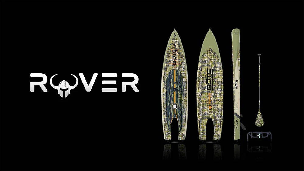 Top, bottom and side view of the Rover paddleboard with the "ROVER" logo written on the image
