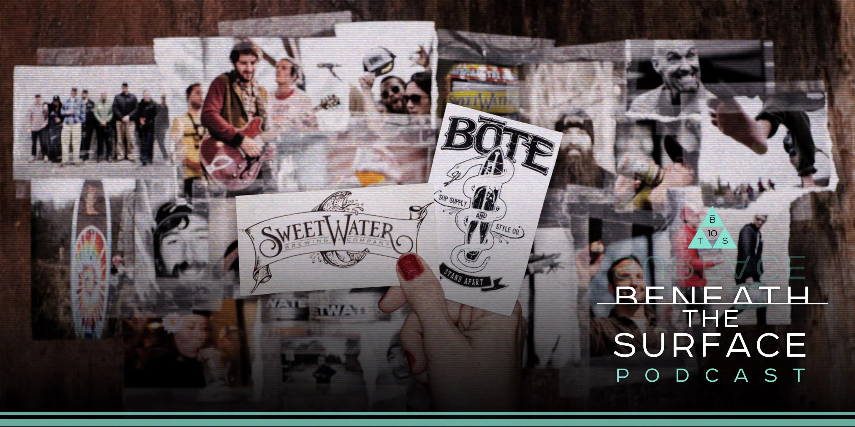 Multiple polaroids and printed photographs of different people with the words "Beneath the surface podcast" in the bottom right corner