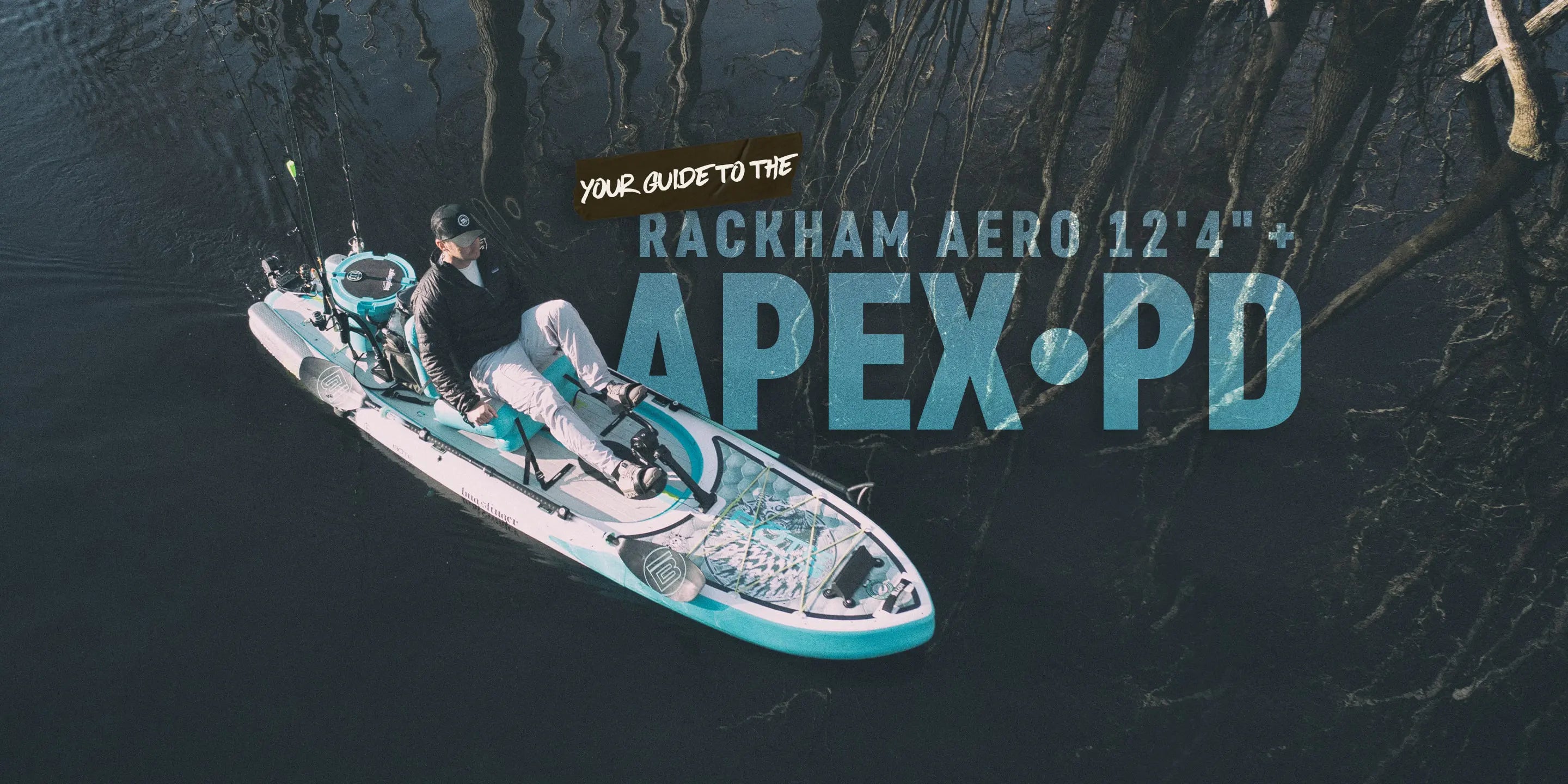 Solo paddler seated and using the pedal drive system with his Kula, Rac System and his fishing poles on calm water with text overlay saying " RACKHAM AERO 12'4" APEX PD