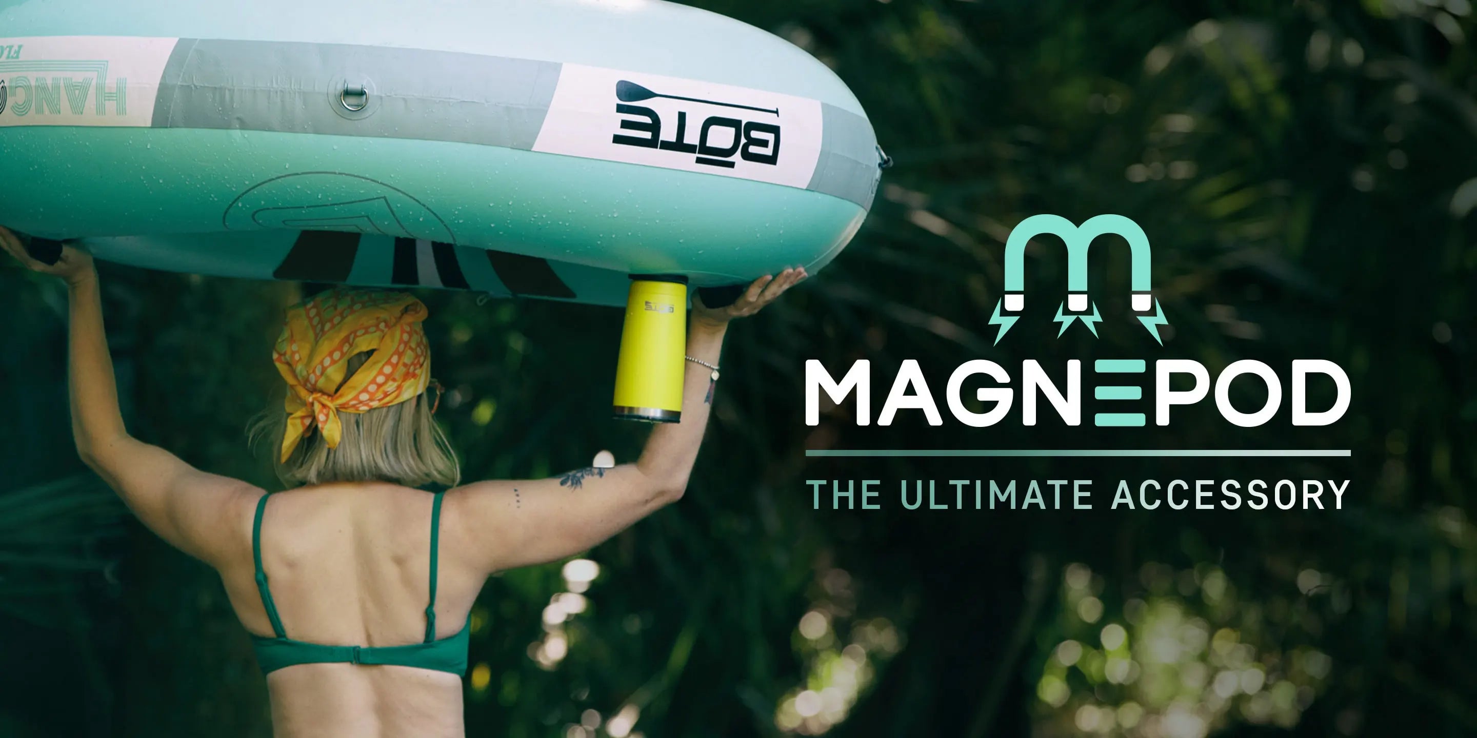 A woman holding a tube upside down over her head with a MAGNETumbler hanging upside down on the MAGNEPOD holder with text overlay that says "MAGNEPOD THE ULTIMATE ACCESSORY"
