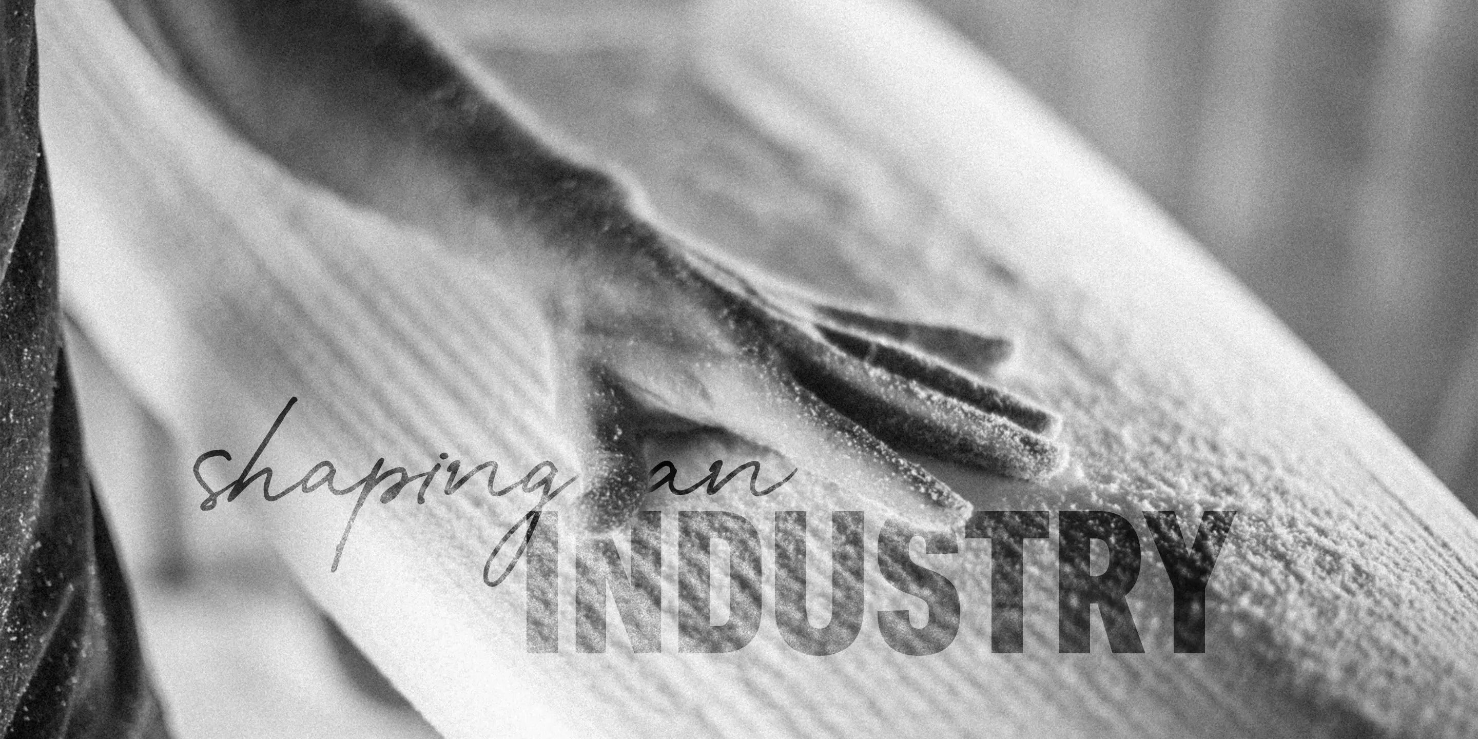Close up image of a board maker running his hand along a board that is mid construction, wiping off the hard shavings with the words " Shaping an industry" overlayed
