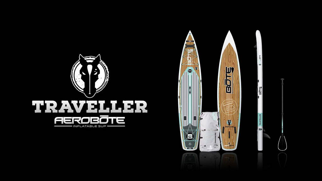 Traveller Aero inflatable paddle board kit displayed with board, paddle, pump, and carry bag on a black background.