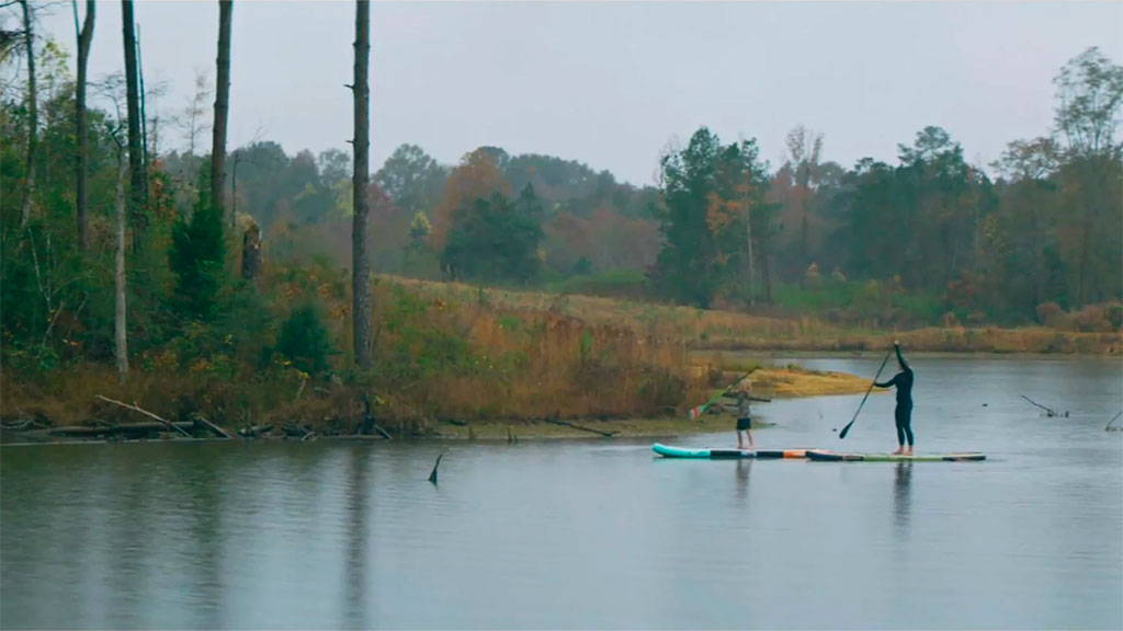 Two people paddleboarding on a calm river bordered by autumn trees and grassy shoreline.
