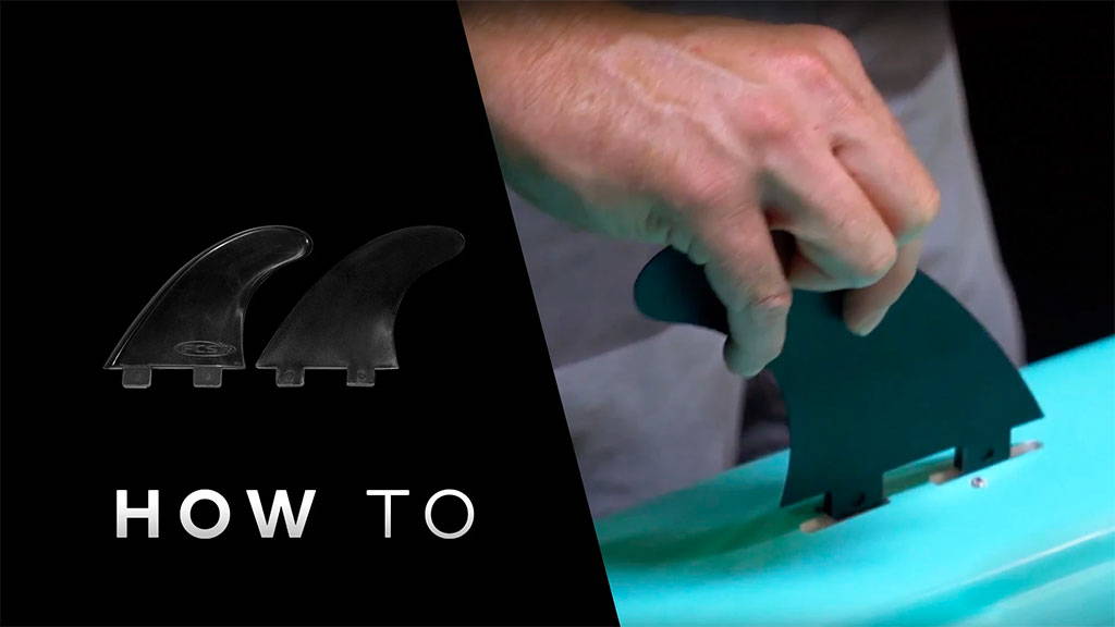Split image showing paddle board fins and a hand installing a fin into a teal board with text reading “How To.”