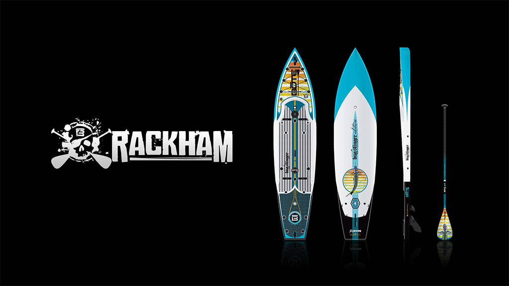 Rackham Aero inflatable paddle board set with board and paddle displayed beside the Rackham logo on a black background.