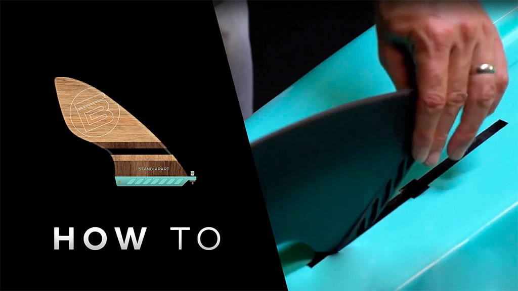 Split image showing a paddle board fin and a hand installing the fin into a teal board with text reading “How To.”