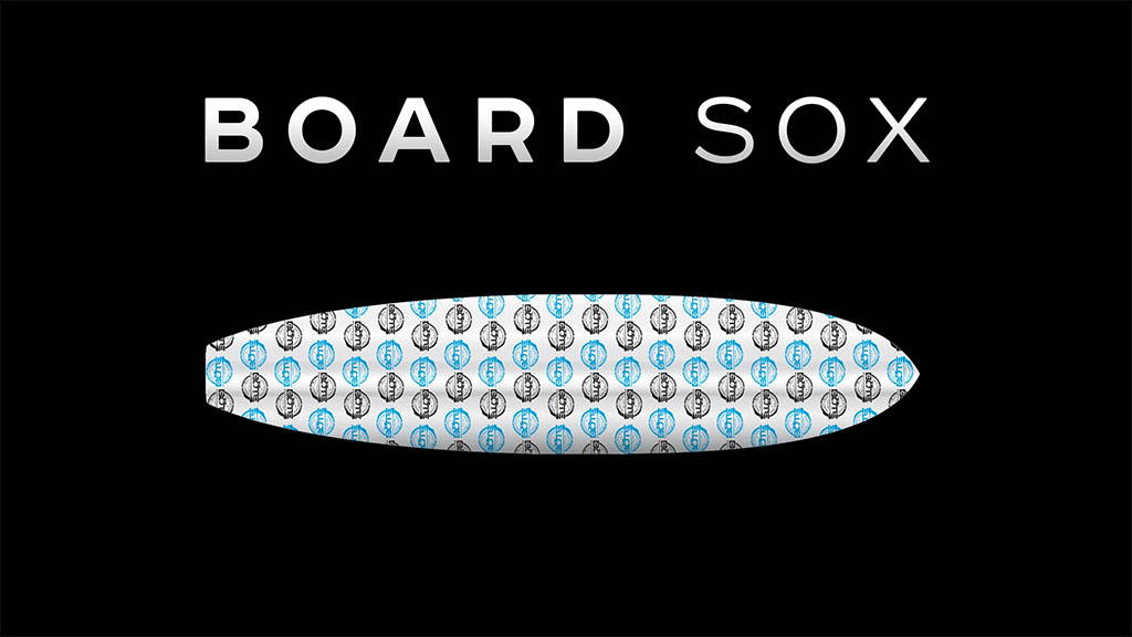White Board Sox sleeve with repeating blue and black logos and text reading “Board Sox” on a black background.